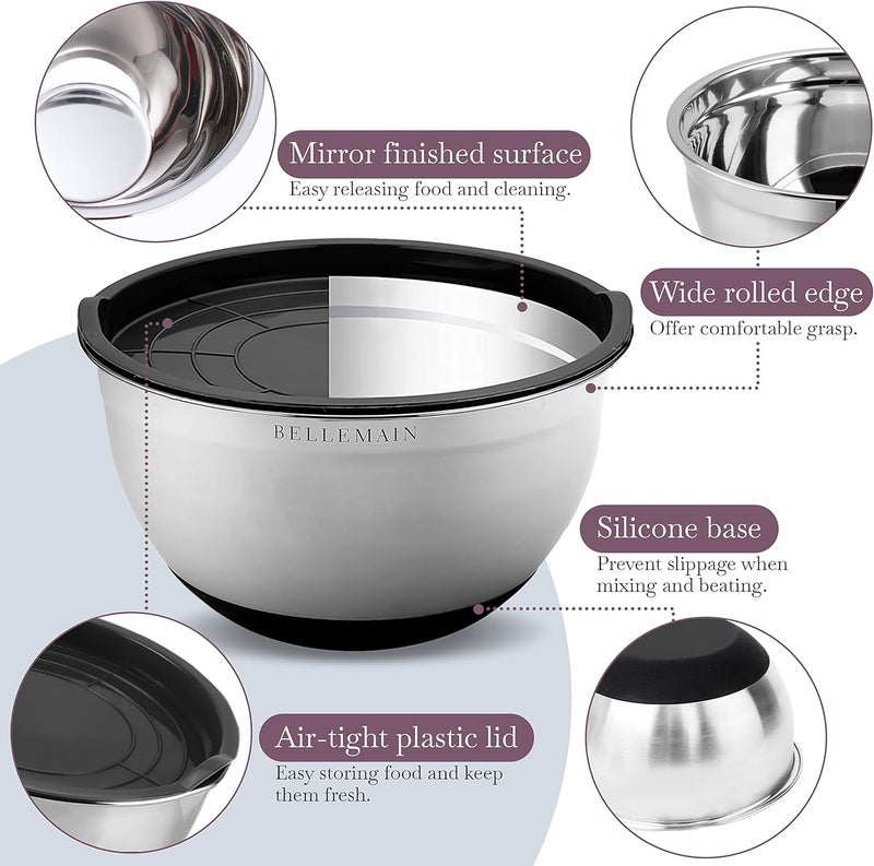 Bellemain Stainless Steel Non-Slip Mixing Bowls with Lids (5 Piece, Silver/Black) - Image 2